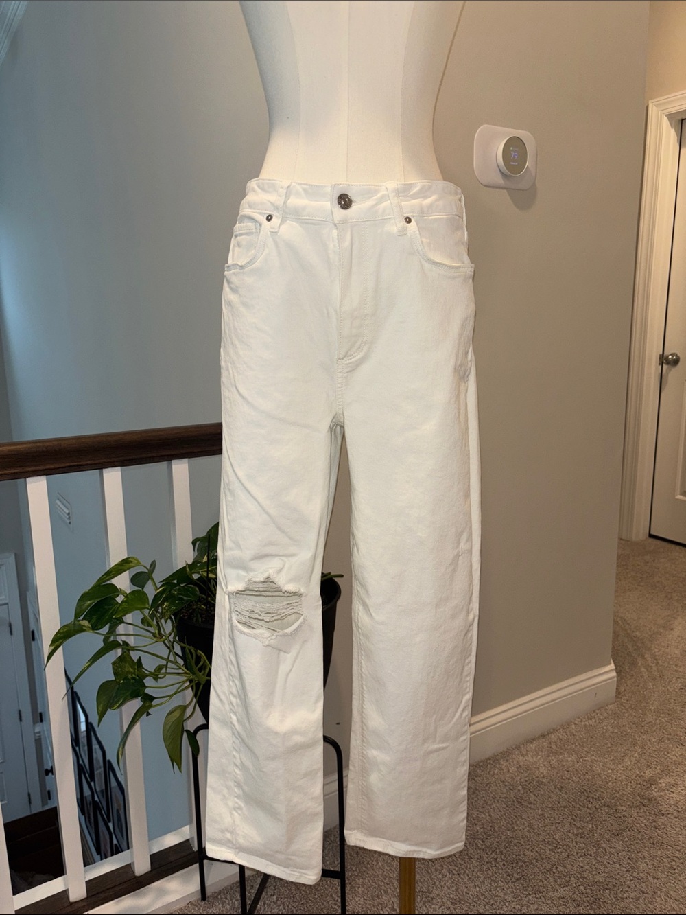 PAIGE White Straight Jeans with Distressed Knee